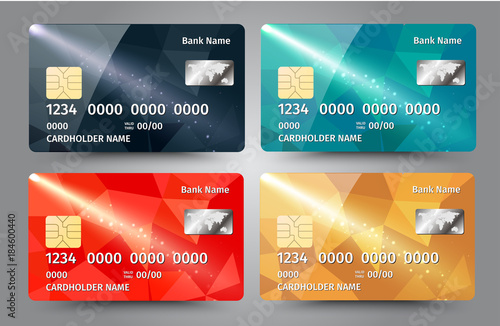 Realistic detailed credit cards set with colorful triangular design background.
