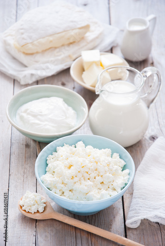 Organic Farming Cottage cheese in a blue bowl, sour cream, butter, cheese and milk