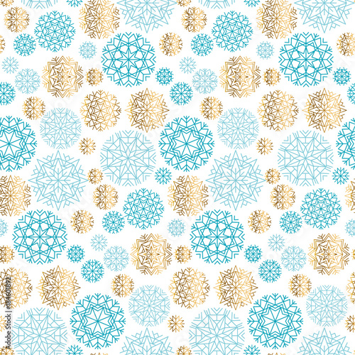 Christmas decorative snowflake background. Vector illustration with new year snow for xmas card, invitation, surface design. Luxury gold and blue seamless pattern.