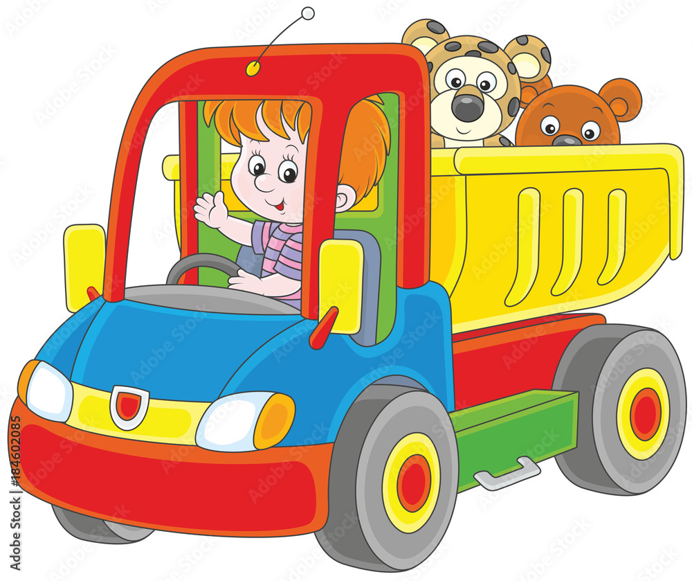 Vector illustration of a little boy playing in a big toy truck with a teddy bear and a small leopard Vector illustration of a little boy playing in a big toy truck with a teddy bear and a small leopard