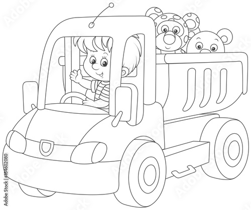 Black and white vector illustration of a little boy playing in a big toy truck with a teddy bear and a small leopard