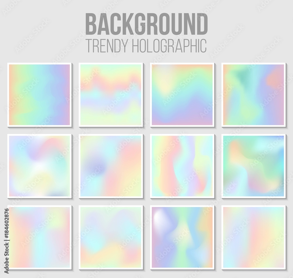 Creative vector illustration of trendy pastel holographic background set. Art design for cover, brochure, poster, business flyer, wedding invitation template. Abstract concept graphic element