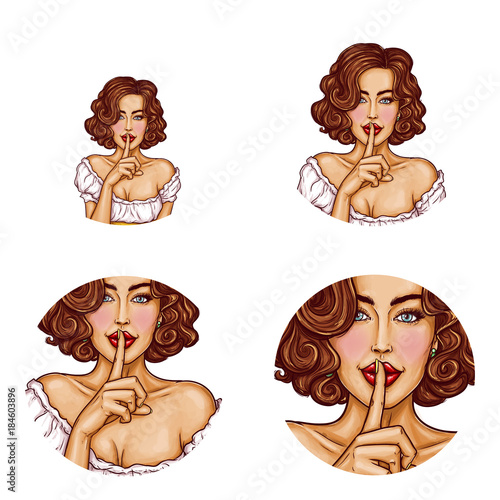 Set vector pop art round avatar icons for users social networking, blogs, profile icons. Sexy girl with brown hair holding her finger on her lips and asking for silence, quiet, do not tell anyone