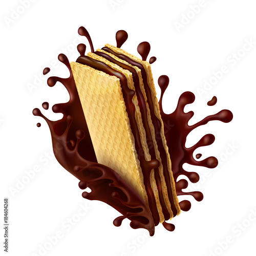 Waffle cookies with chocolate filling and splash of melted chocolate realistic vector illustration isolated on white background. Mock up for packing sweets, design element for advertising promo poster