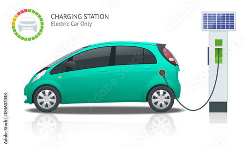 Power supply for electric car charging. Electric car charging station vector. Renewable eco technologies. Green power.