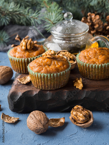 Home made Carrot spiced muffins with walnuts. Winter holiday treat
