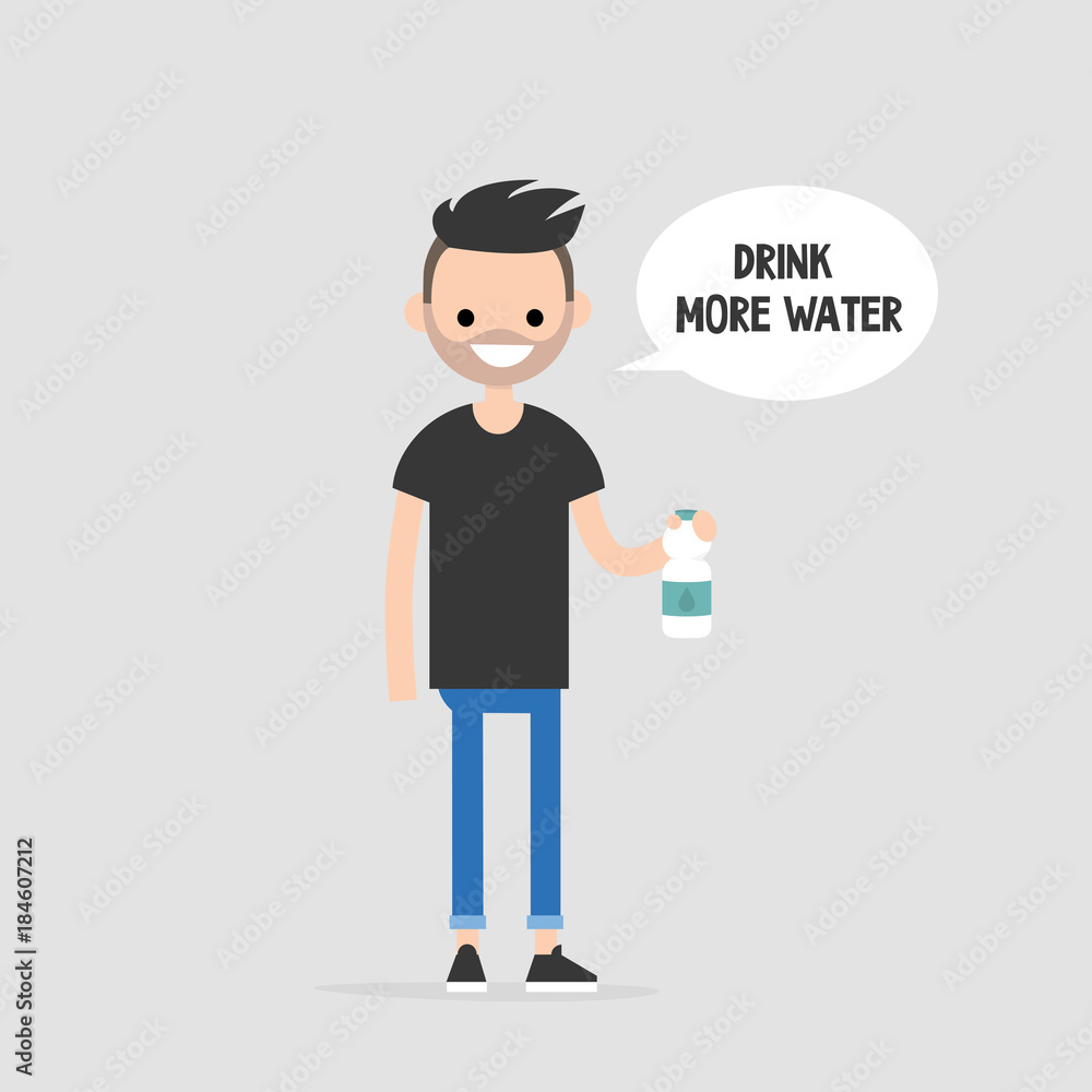 Drink more water. Helpful advice. Healthy lifestyle. Flat editable vector illustration, clip art. Young character holding a plastic bottle