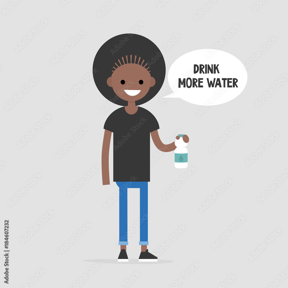 Drink more water. Helpful advice. Healthy lifestyle. Flat editable vector illustration, clip art. Young female black character holding a plastic bottle Drink more water. Helpful advice. Healthy lifestyle. Flat editable vector illustration, clip art. Young female black character holding a plastic bottle