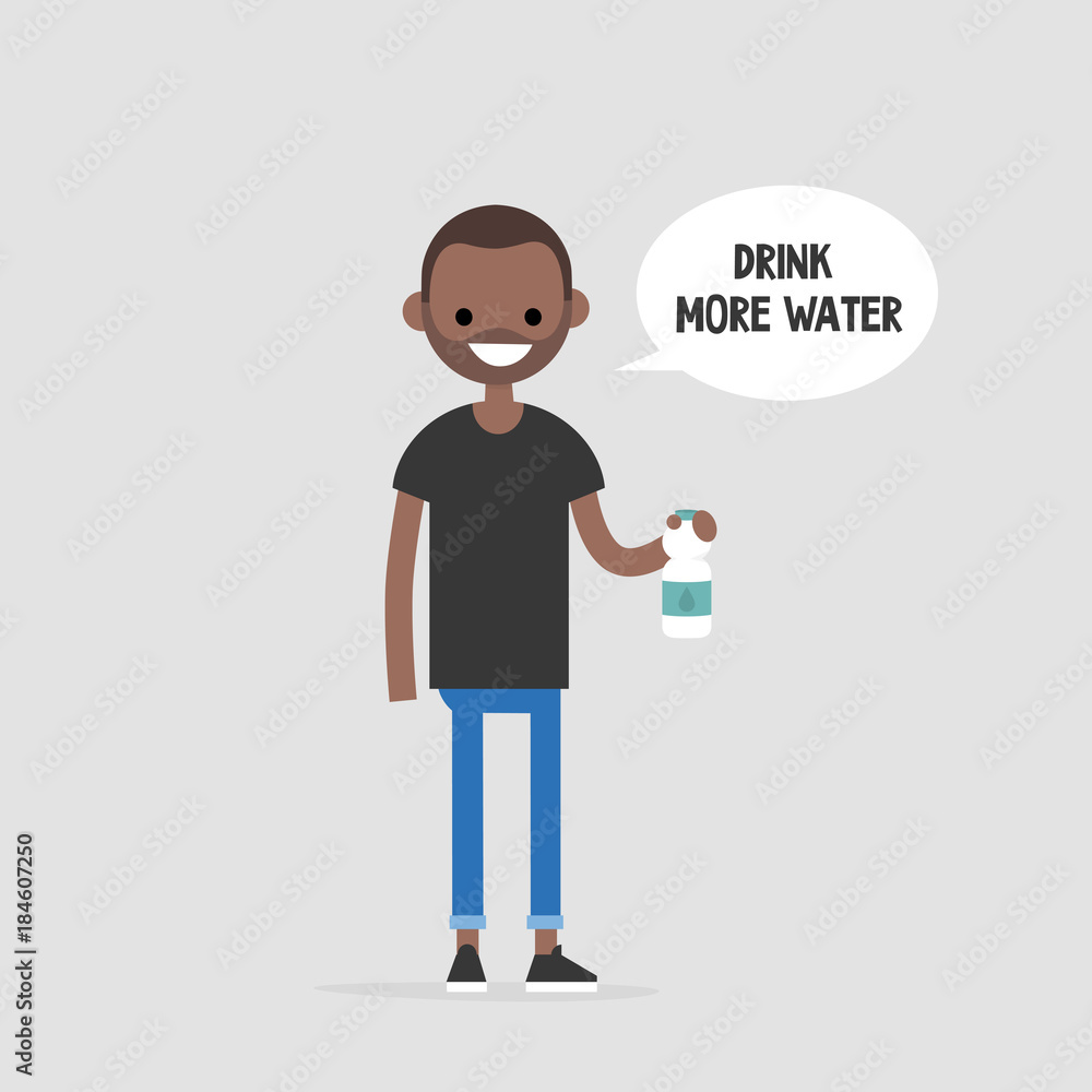 Drink more water. Helpful advice. Healthy lifestyle. Flat editable vector illustration, clip art. Young black character holding a plastic bottle