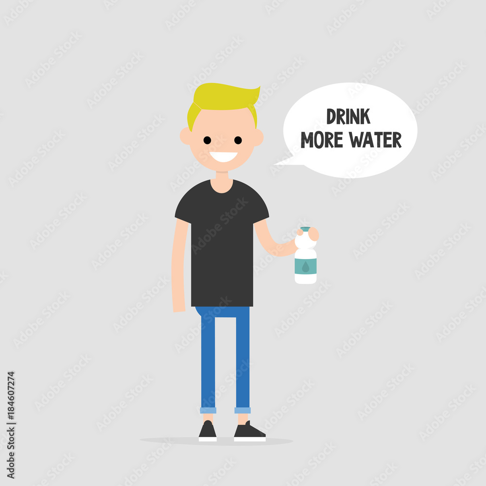 Drink more water. Helpful advice. Healthy lifestyle. Flat editable vector illustration, clip art. Young character holding a plastic bottle Drink more water. Helpful advice. Healthy lifestyle. Flat editable vector illustration, clip art. Young character holding a plastic bottle