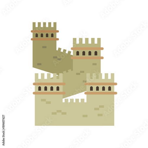 Great Wall of China. Colored landmark icon in flat style. Ancient cultural monument. Historical northern border. Isolated vector illustration