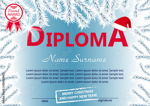 Christmas template diploma or certificate. New year reward with with tree white branches and Santa hat. Vector