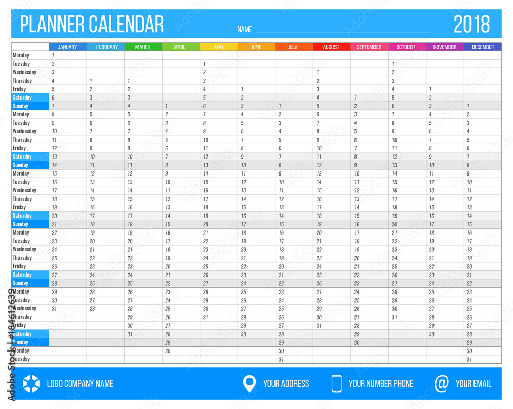 English calendar planner for year 2018. 12 months, corporate design ...