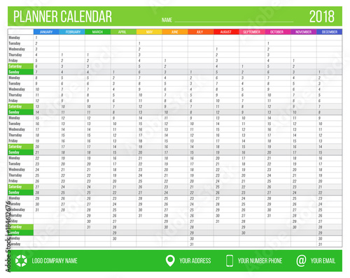 English calendar planner for year 2018. 12 months, corporate design planner template, size A4 printable calendar templates.