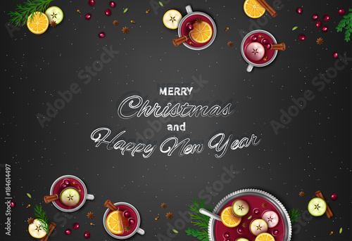 Merry Christmas and Happy New Year Greeting Background. Winter traditional drink punch in a bowl and cups  oranges  apples  spices  cardamom  cinnamon  anise  berries on a black table. Top View Vector