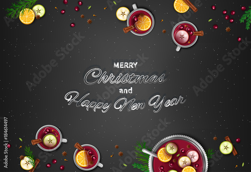 Merry Christmas and Happy New Year Greeting Background. Winter traditional drink punch in a bowl and cups, oranges, apples, spices, cardamom, cinnamon, anise, berries on a black table. Top View Vector