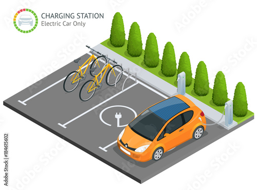 Power supply for electric car charging. Electric car charging station vector. Renewable eco technologies. Green power