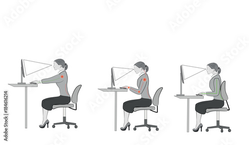 Correct sitting at desk posture ergonomics advices for office workers: how to sit at desk when using a computer
 photo