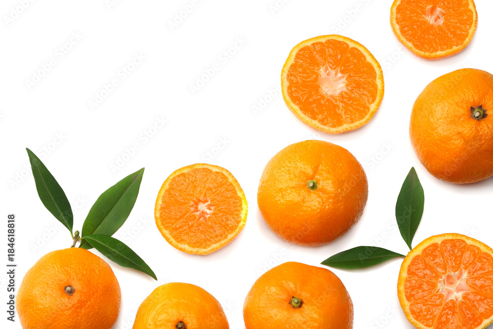 mandarin with slices and green leaf isolated on white background top view mandarin with slices and green leaf isolated on white background top view