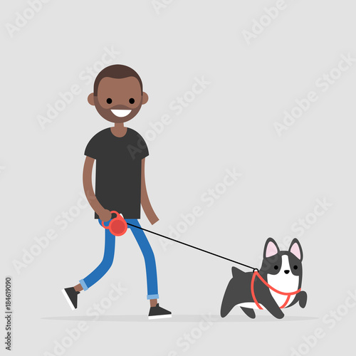 Young black character walking a dog. Pet owner. Flat editable vector illustration, clip art