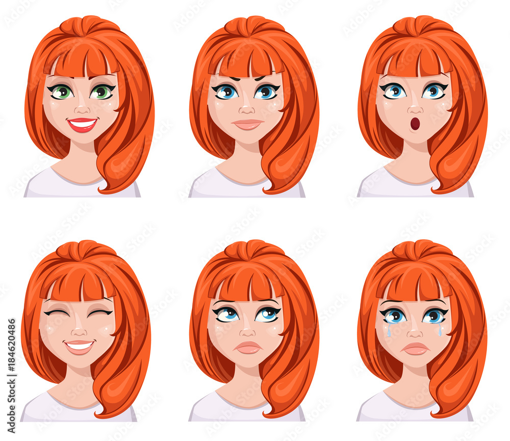 Face expressions of a redhead woman. Different female emotions, set. Face expressions of a redhead woman. Different female emotions, set.