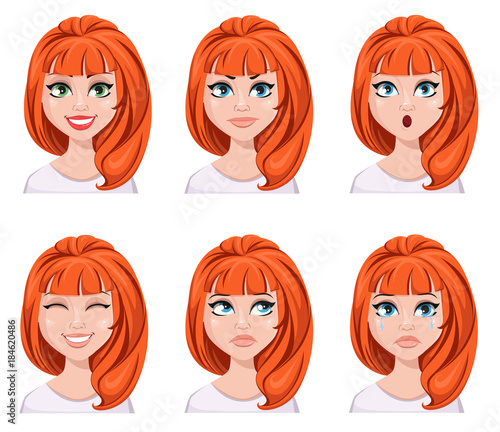 Face expressions of a redhead woman. Different female emotions, set.