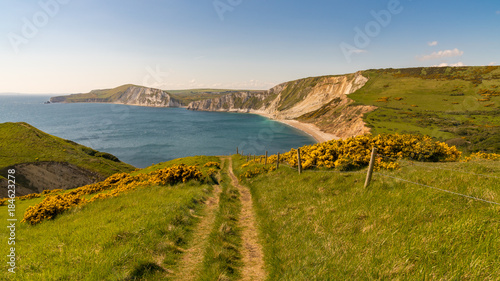 Walking on the South West Coast Path, looking at Worbarrow Bay, near Tyneham, Jurassic Coast, Dorset, UK