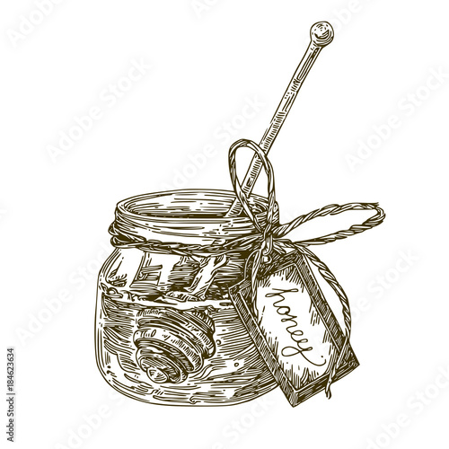 Open a jar of fresh honey with a label and a spoon inside. Engraving style. Vector illustration.
