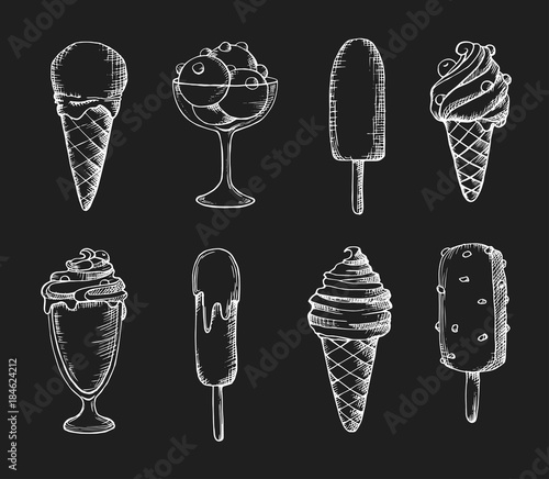 Vector hand drawn illustration of Ice cream cones set in vintage engraved style. isolated on white background.