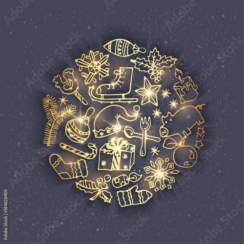 Round christmas design template. Hand drawn doodles. Golden shining objects on grey background