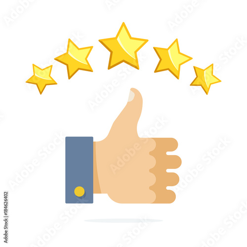 Thumb up and five stars rating. Vector illustration flat