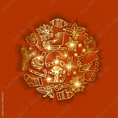 Round christmas design template. Hand drawn doodles. Golden shining objects on red background
