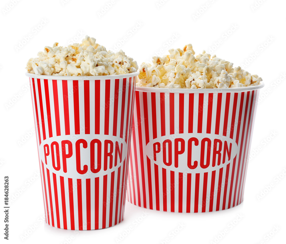 Cups with popcorn on white background Cups with popcorn on white background