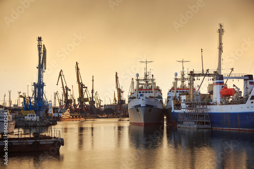 Canvastavla Fishing vessels and docks cranes in the port on the background of a sunset
