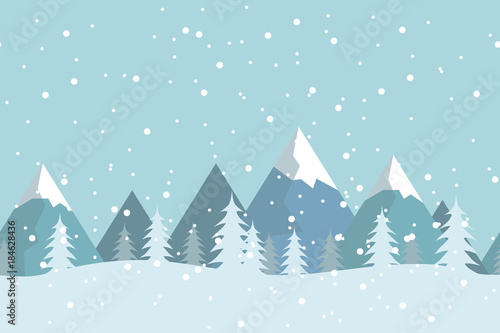 Seamless flat winter vector landscape with silhouettes of trees and mountains.
