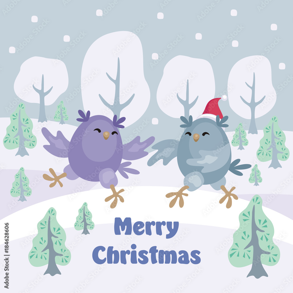 Christmas greeting card with the image of funny owls. Full color vector illustration. Christmas greeting card with the image of funny owls. Full color vector illustration.