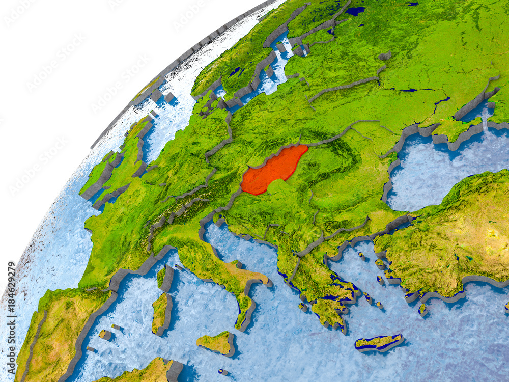 Map of Hungary in red on globe