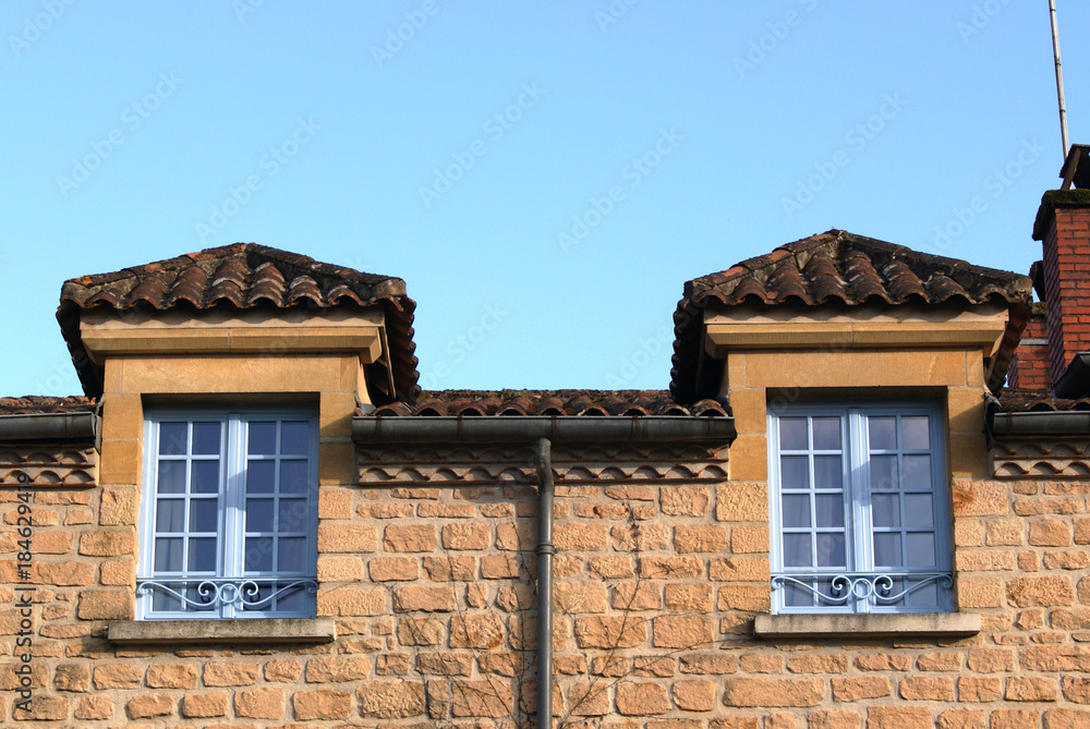 Two overarched blue stained windows in a yellow sandstone wall of a house in the Dordogne, France