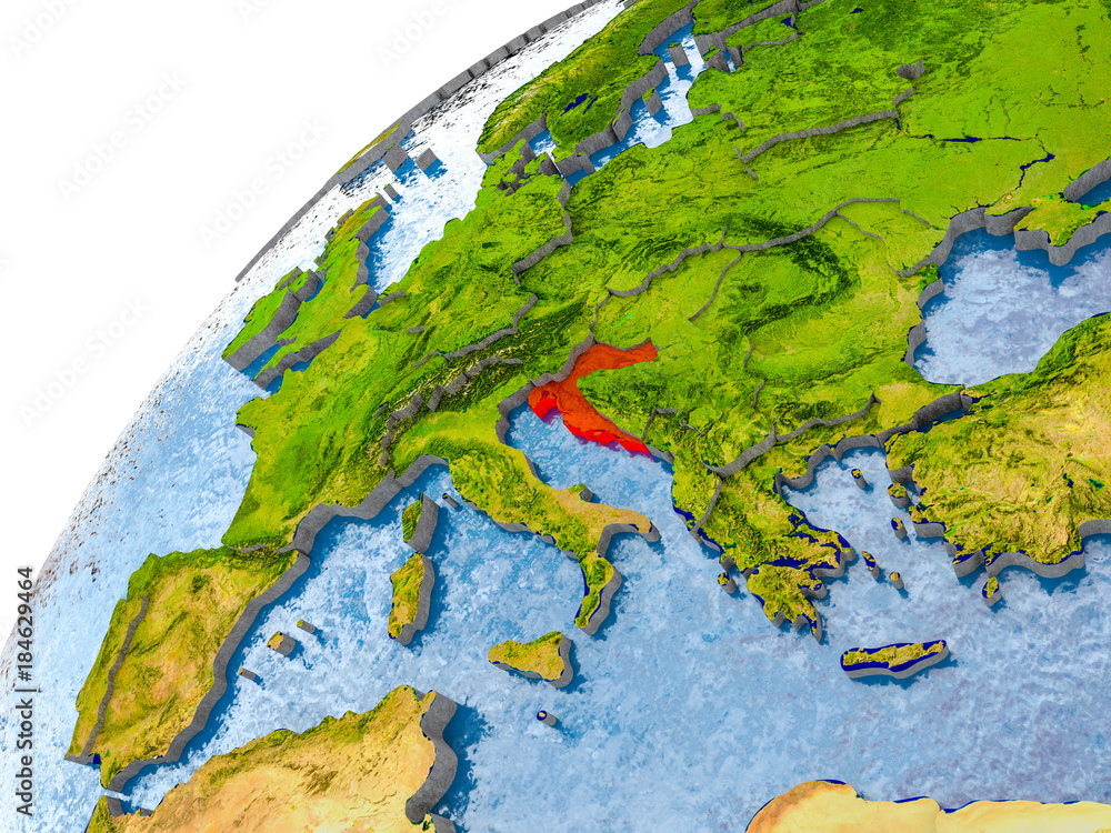 Map of Croatia in red on globe