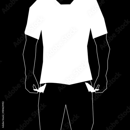 Vector illustration of a poor man showing his empty trouser pocket in black an white