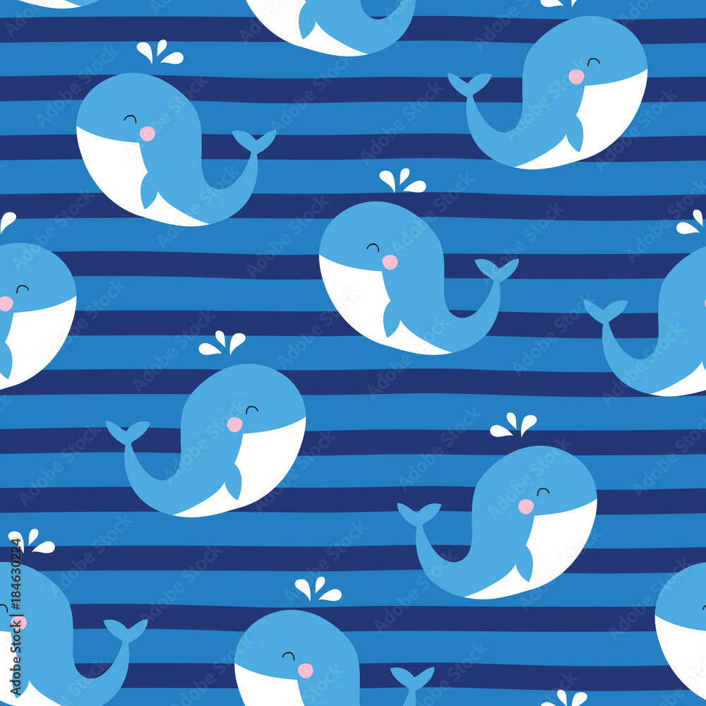 Fototapeta premium seamless whale with blue striped background pattern vector illustration