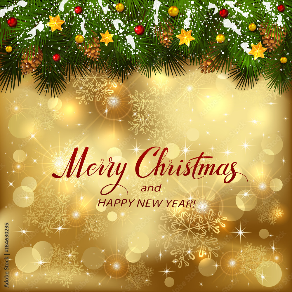 Golden Christmas background with fir tree branches and holiday decorations