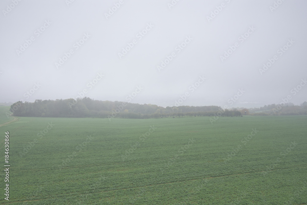 View over misty rural fields. Typical view in Czech Republic countryside.