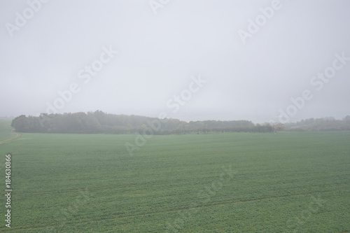 View over misty rural fields. Typical view in Czech Republic countryside.