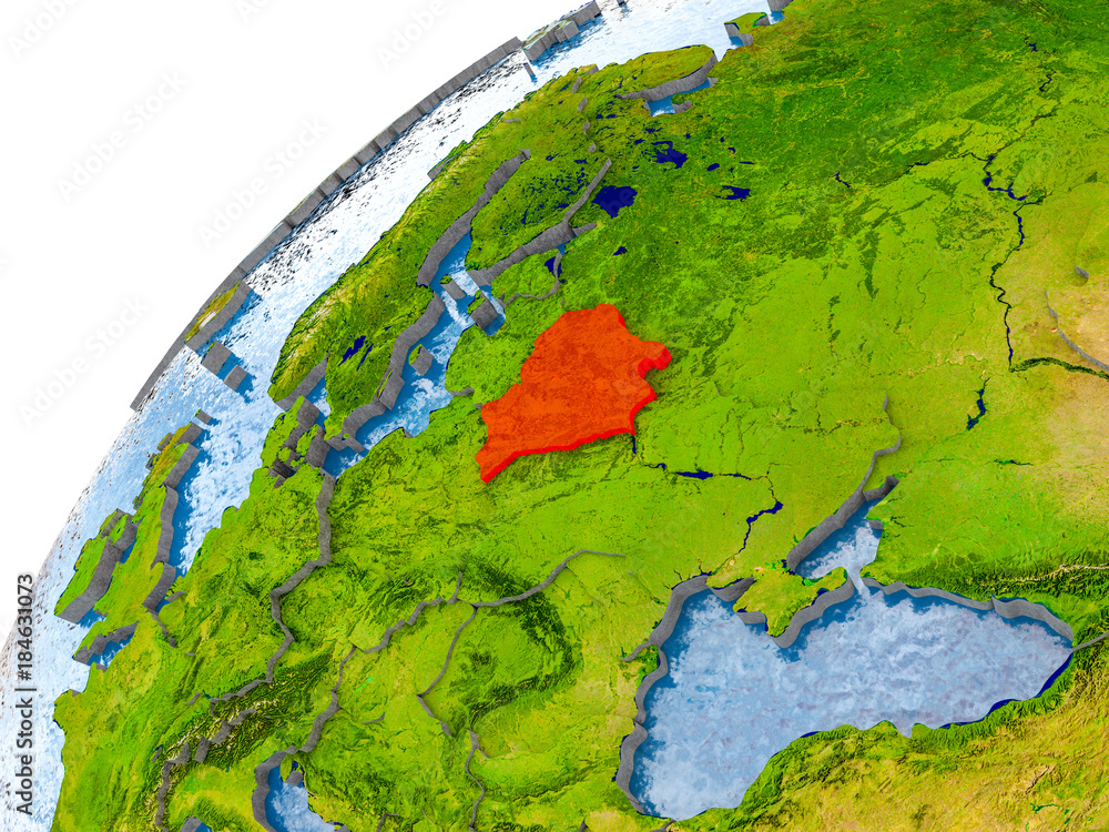 Map of Belarus in red on globe