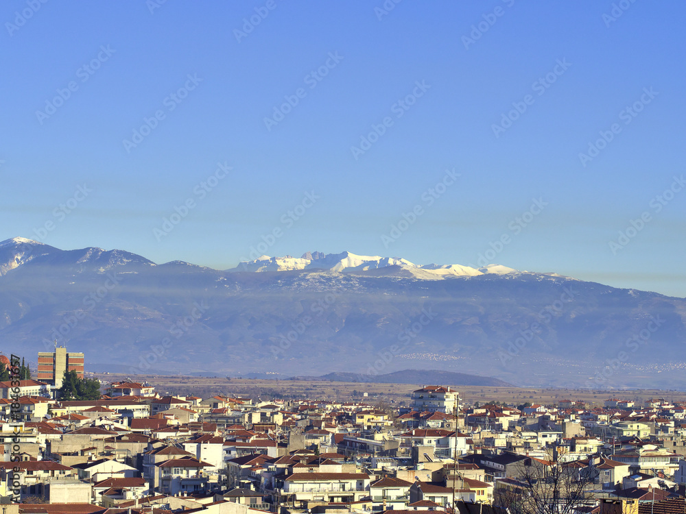 Small town of Kozani in Northern Greece, Mount Olympos on the background.