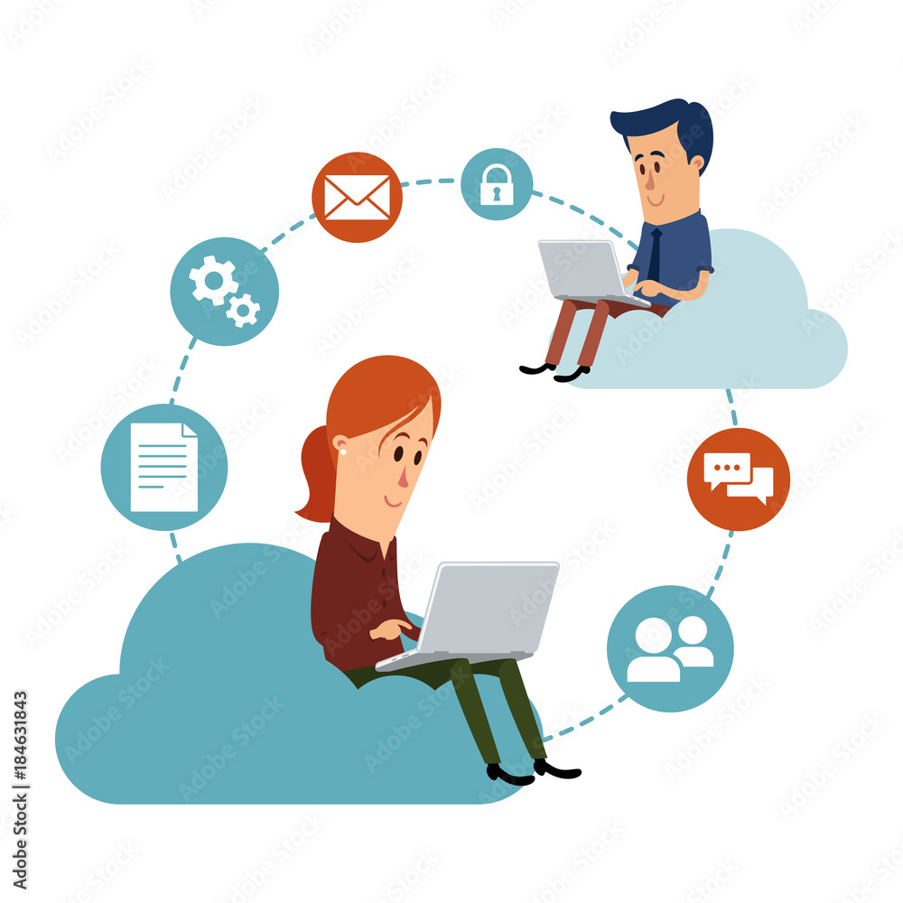 Woman and man working with their laptops, cloud computing concept Woman and man working with their laptops, cloud computing concept