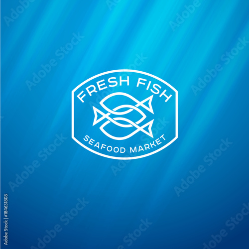 Seafood Market logo. Line logo on the underwater background.