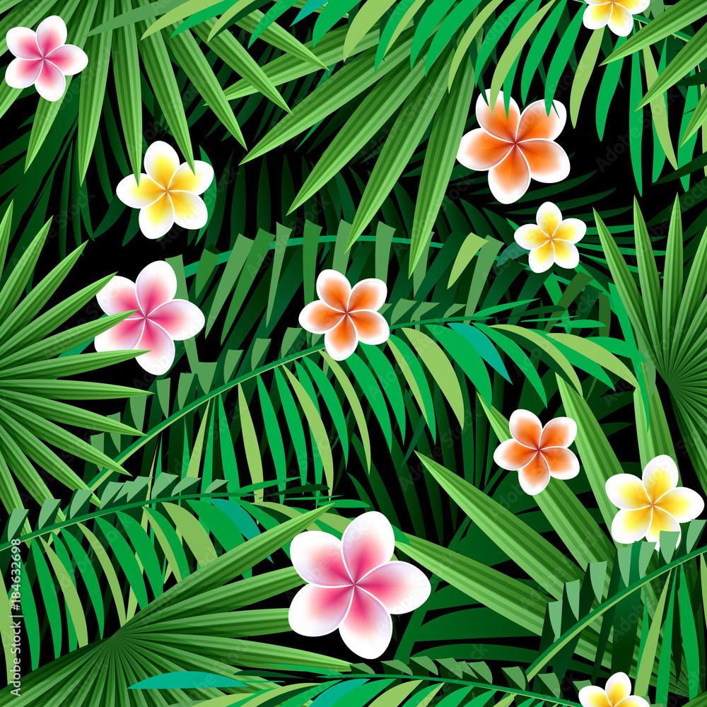 Obraz premium Jungle seamless pattern. Palm leaves and exotic flowers on a black background.