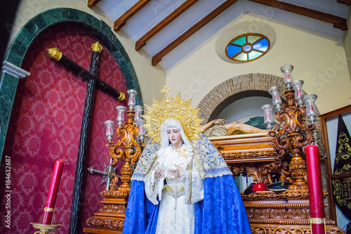a shot taken of a statue of the virgin Mary inside a church in Marbella, Spain